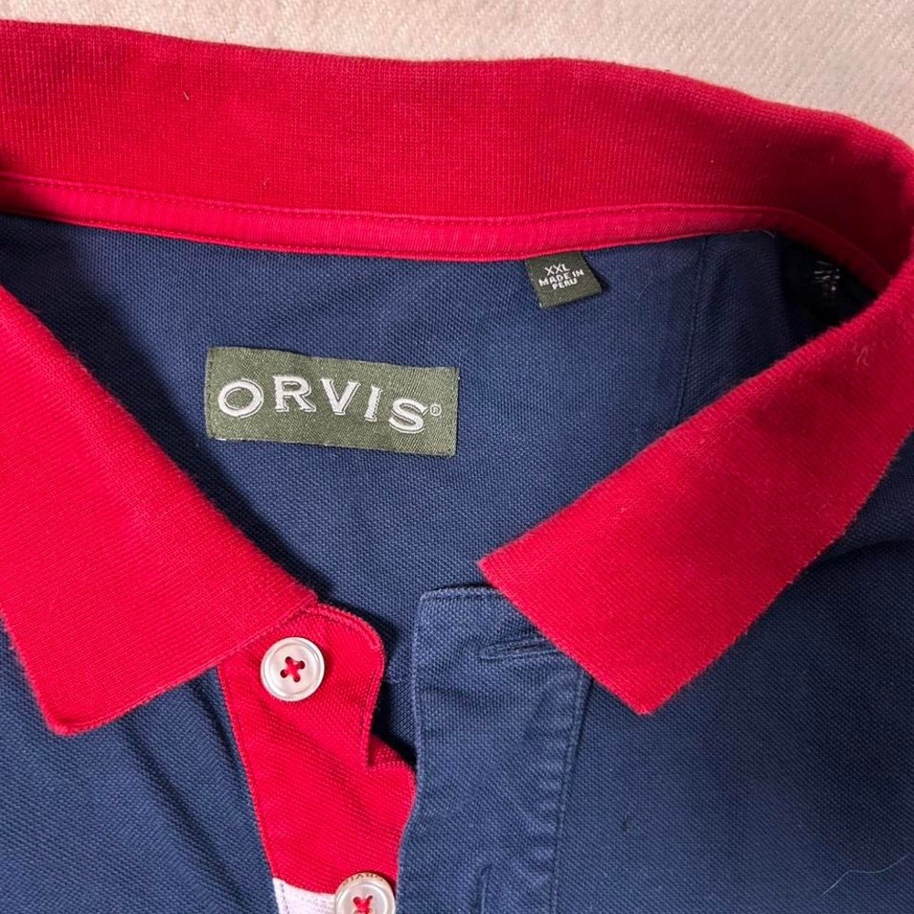 Orvis Men's Short Sleeve Navy Blue Red Pima Cotton Polo Shirt Size xxl - Picture 3 of 3